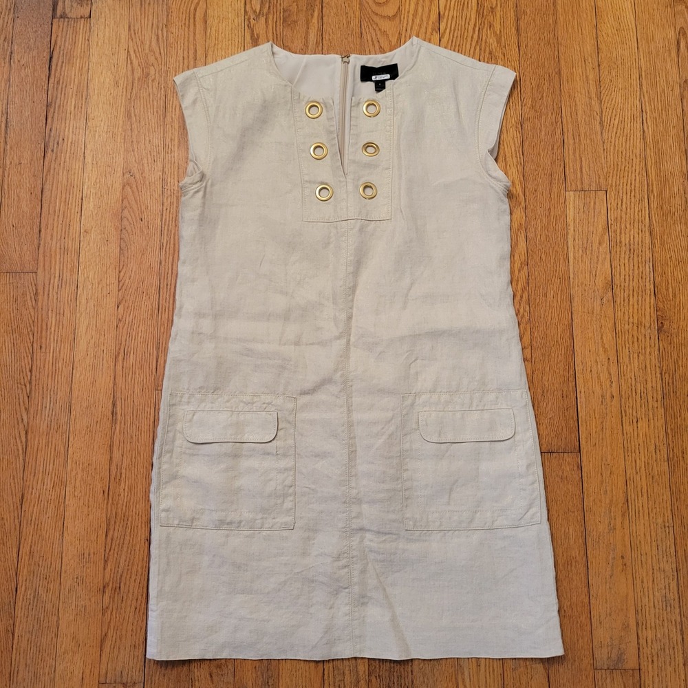 J Crew 6 Shift Dress Tan Gold Metallic Linen Grommet Pockets F2537 Summer Earthy